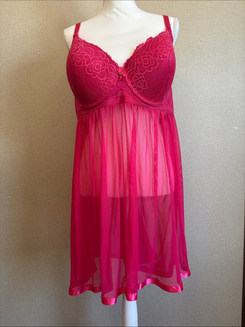 Daisy Fuentes Pink Lace Mesh Babydoll Chemise Lingerie Nightgown Sz 2X Coquette
